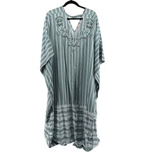 Soft Surroundings Caftan Dress Beaded Striped OS Green Boho Maxi Loungewear